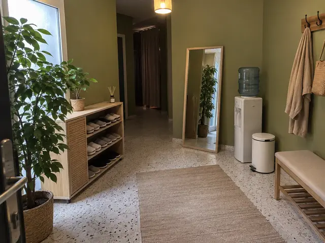 Bekleme alanı: bank, ayna, su sebili ve askılar — Sirkeci, Masaj Salonun